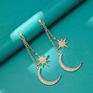Gold Crystal Sun Moon Dangle Earrings Long Chain Drop Earring for Women
